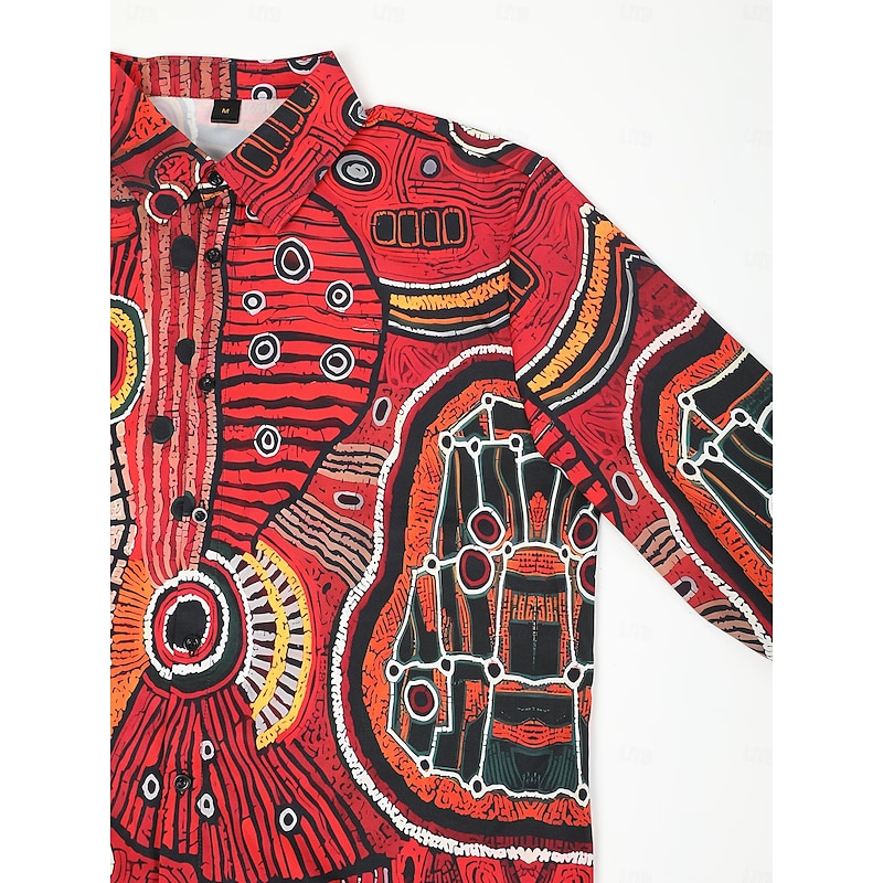 Men's Ethnic Shirt Long Sleeve Vintage Tribal Daily Wear Going out Fall & Winter Turndown Print Button-Down Burgundy Blue Brown2