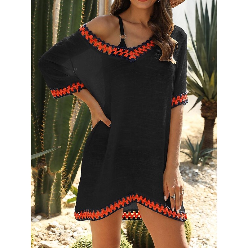 Women's Beach Dresses Oversized Beach Wear Holiday Short Sleeves Black White Navy Blue Color2