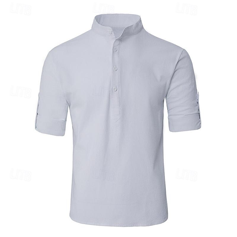 Men's Shirt Linen Shirt Cotton Linen Shirt White Cotton Shirt Chinese Collar Shirt Mandarin Collar Shirt Plain Vacation Street Black White Navy Blue Blue Short Sleeve Standing Collar Summer Clothing4
