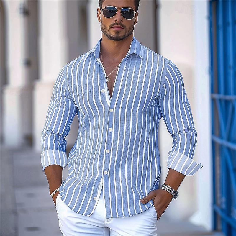 Men's Stripe Geometric Pattern Button Up Shirt Printed Shirts Long Sleeve Business Casual Street Wear to work Daily Wear Spring & Summer Turndown Print Button-Down Royal Blue Blue Gray3