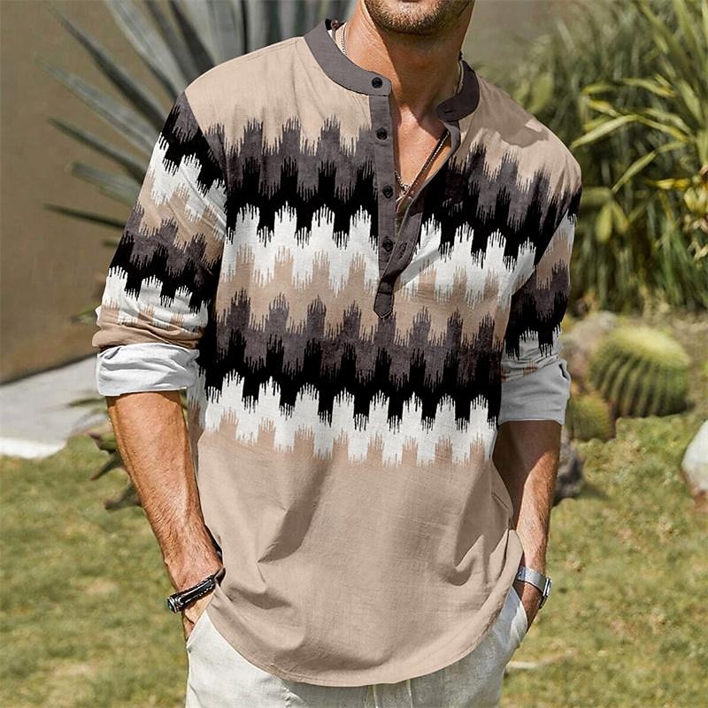 Men's Geometry Shirt Linen Shirt Summer Hawaiian Shirt Long Sleeve Tribal Vacation Daily Wear Going out Spring &  Fall Stand Collar Buttons Print Khaki