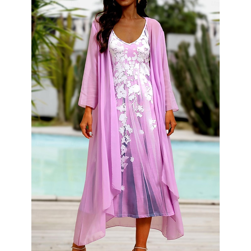 Women's Casual Dress Dress Set Two Piece Dress Long Dress Maxi Dress Purple Brown Green Half Sleeve Flower Print Summer Spring V Neck Fashion Vacation 2023 S M L XL XXL 3XL2