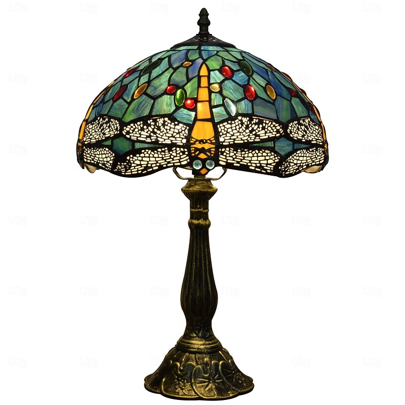 Blue Green Stained Glass Vintage Table Lamp 12X12X18 Inches Dragonfly Style Bedside Nightstand Desk Lamp for Living Room Bedroom with 2 LED Bulbs4