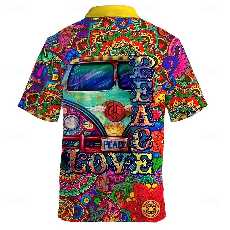 Men's Hippie Bus Shirt Summer Hawaiian Shirt Aloha Shirt Short Sleeve Shirt Turndown Vacation Hawaiian Outdoor Vacation Hawaiian Yellow Blue Fuchsia S M L2