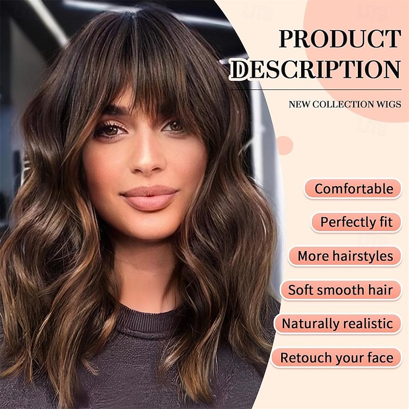 Short Wavy Brown Wig with Bangs Short Brown Highlight Bob Wigs for Women Wavy Bob Wig with Bangs Synthetic Natural Looking Wigs 14IN2