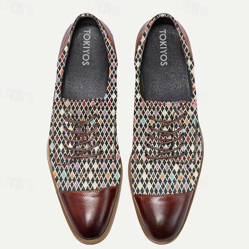 Men's Premium Cowhide Leather Lace-Up Oxford Shoes – Vintage Diamond Patterned Design with Brown Leather Accents, Ideal for Formal and Casual Occasions2