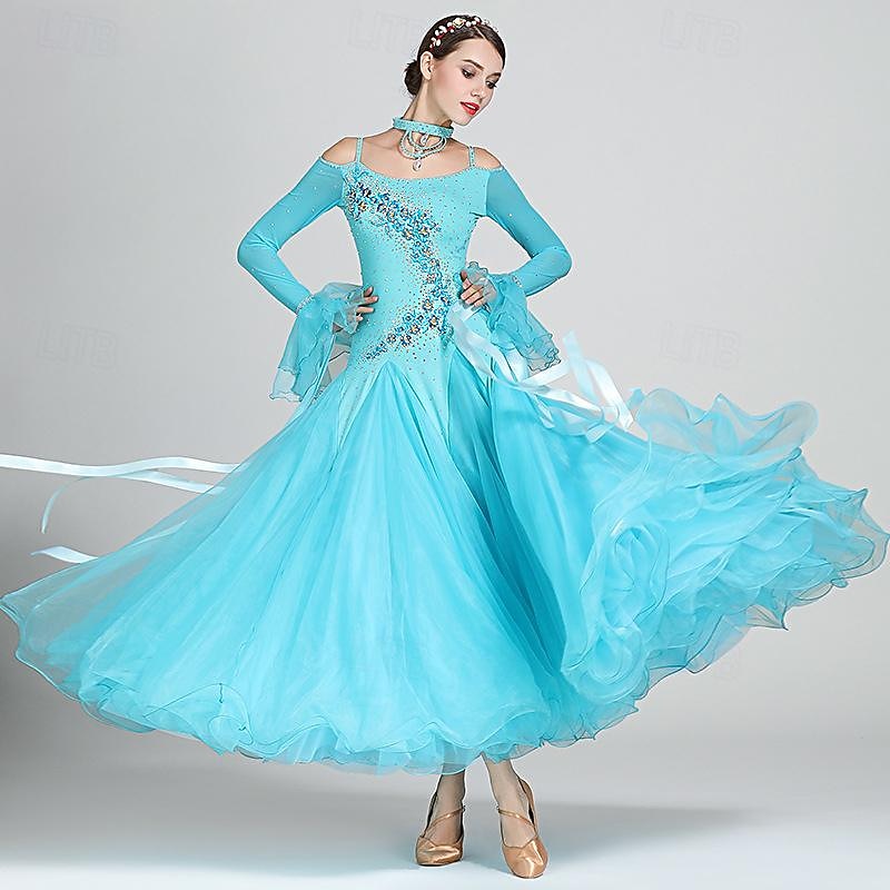 Ballroom Dance Dress Rhinestone Tulle Women's Performance Long Sleeve Polyester