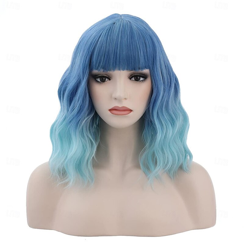 Blue Wigs for Women 14 Inches Short Blue Wavy Wig With Bangs 2 Tones Short Wigs for Cosplay Party Daily Wigs Halloween Wigs2