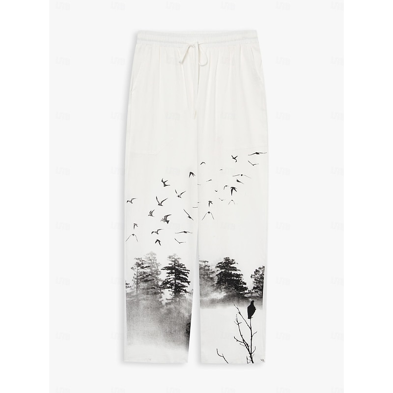 Men's Linen Pants Trousers Summer Pants Beach Pants Drawstring Side Pockets Elastic Waist Graphic Prints Feather Breathable Lightweight Yoga Daily For Vacation Casual Chinoiserie White Blue3