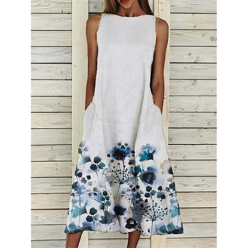 Women's Casual Dress Tank Dress Floral Pocket Print Crew Neck Midi Dress Vacation Sleeveless Summer3