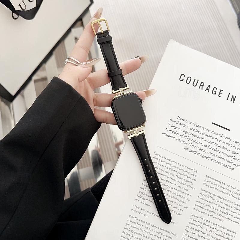 Leather Band Compatible with Apple Watch band 38mm 40mm 41mm 42mm 44mm 45mm 49mm Luxury Adjustable Alloy Genuine Leather Strap Replacement Wristband for iwatch Ultra 2 Series 9 8 7 SE 6 5 4 3 2 12