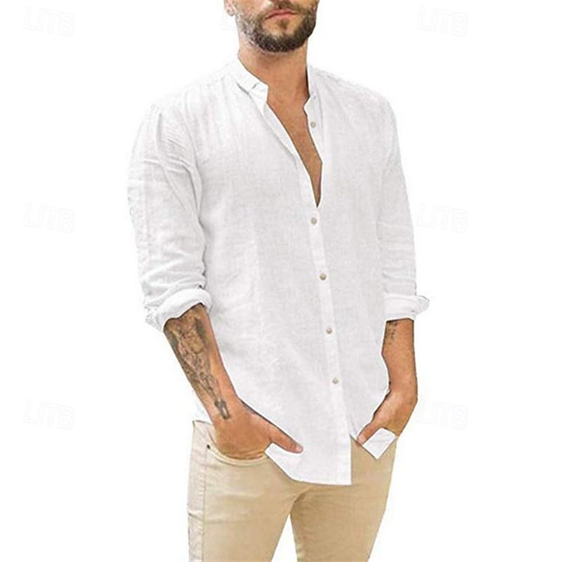 Men's Shirt Linen Shirt Summer Shirt Beach Shirt Cotton Linen Shirt Plain Vacation Holiday Black White Light Green Dark Navy Long Sleeve Standing Collar Spring &  Fall Clothing Apparel Button-Down3