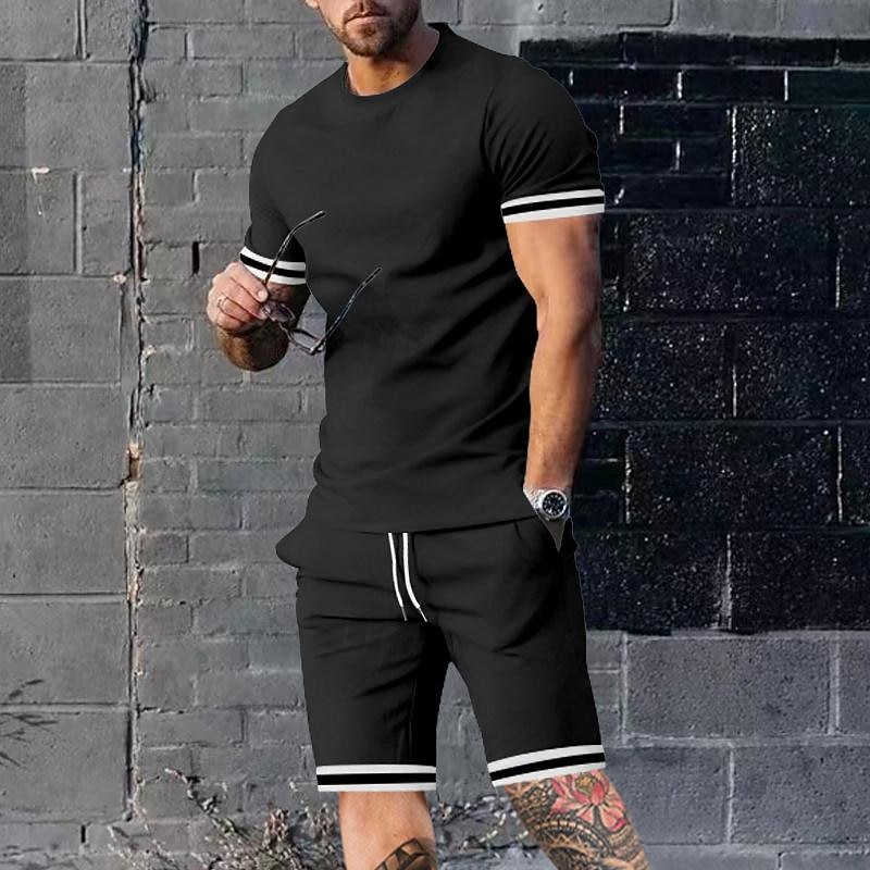 Men's T-shirt Suits Shorts and T Shirt Set 2 Pieces Outfits Short Sleeve Crew Neck Summer Color Block Stripes Fashion Casual 2 Piece Vacation Daily Wear Going out Black Red Navy Blue Top Tee for Men2