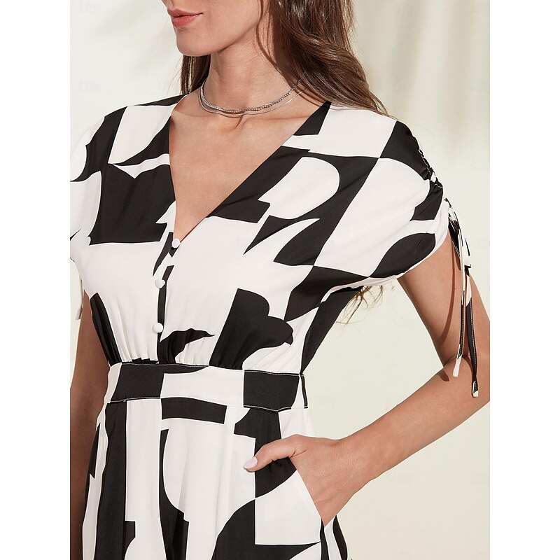 Button Drawstring Geometric Jumpsuit3