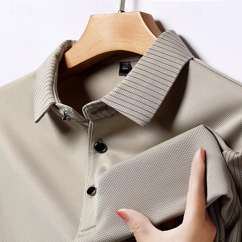Men's Polo Shirt Golf Shirt Business Casual Lapel Long Sleeve Fashion Basic Color Block Stripes Button Color Block Spring &  Fall Regular Fit Black Navy Blue Green Khaki Grey Polo Shirt
