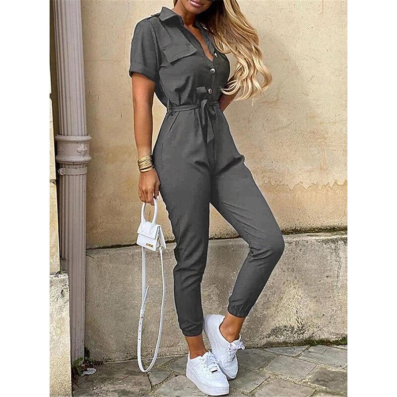 Women's Normal Jumpsuit Streetwear Solid Color Short Sleeve Shirt Collar Pocket Drawstring Street Daily Regular Fit Black White Wine Summer4