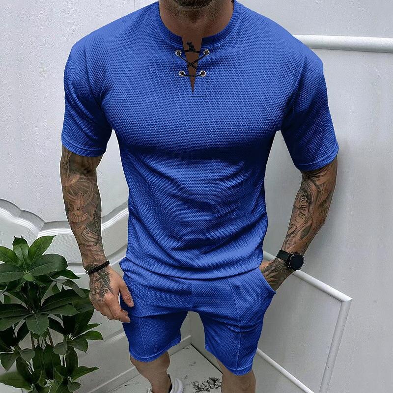 Men's Waffle Tee Waffle Shirt T Shirt T-shirt Suits Short Sleeve Crew Neck Spring & Summer Plain Fashion Designer Basic 2 Piece Vacation Street Going out Black White Royal Blue Top Tee for Men2