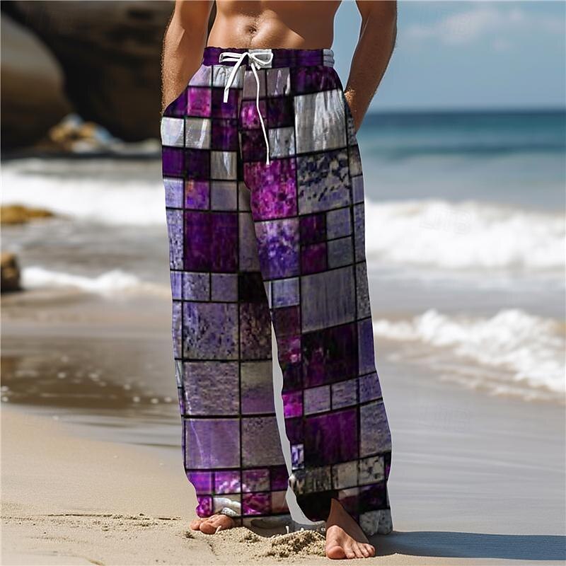 Men's Hawaiian Plaid Pants 3D Print Straight Leg Trousers Mid Waist Drawstring Elastic Waist Outdoor Street Holiday Summer Spring Fall Relaxed Fit2