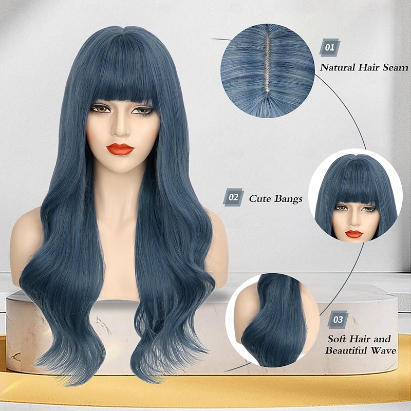 Blue Wig Long Blue Wig with Bangs Long Wigs for Women Long Wavy Synthetic Heat Resistant Fiber Wigs for Party Carnival Daily Use3