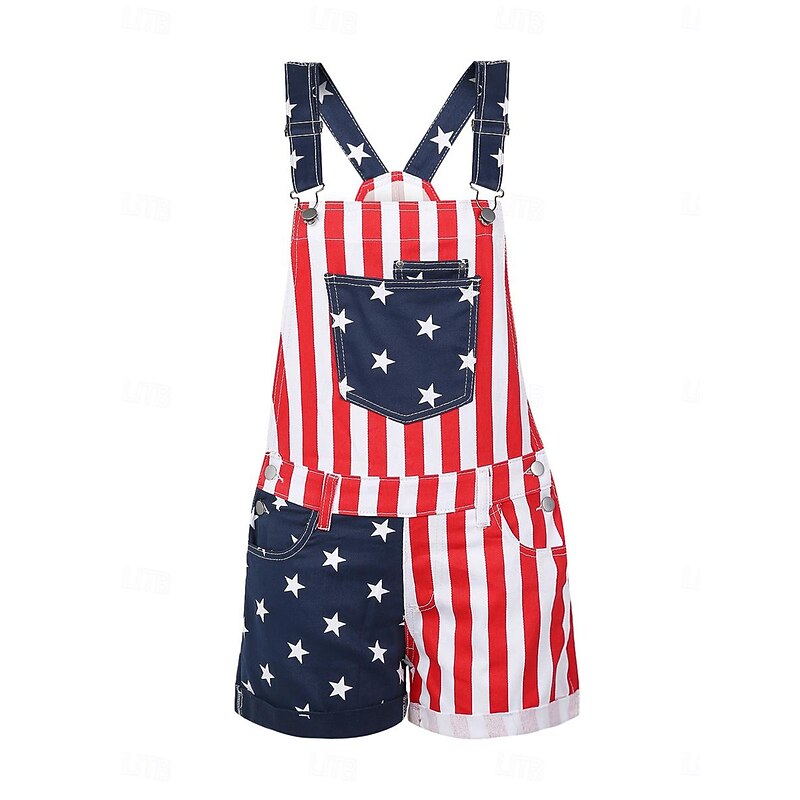 Women's Normal Overall Streetwear National Flag Sleeveless Square Neck Buttons Pocket Street Daily Regular Fit Black Red Summer3