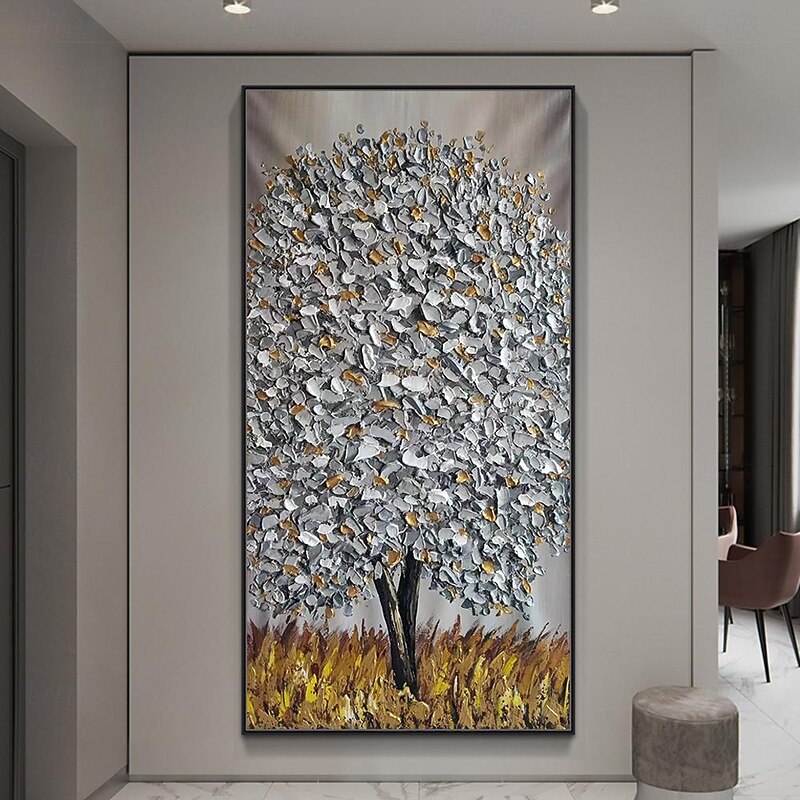 Mintura Handmade Silver Tree Landscape Oil Paintings On Canvas Wall Art Decoration Modern Abstract Gold Tree Pictures For Home Decor Rolled Frameless Unstretched Painting4