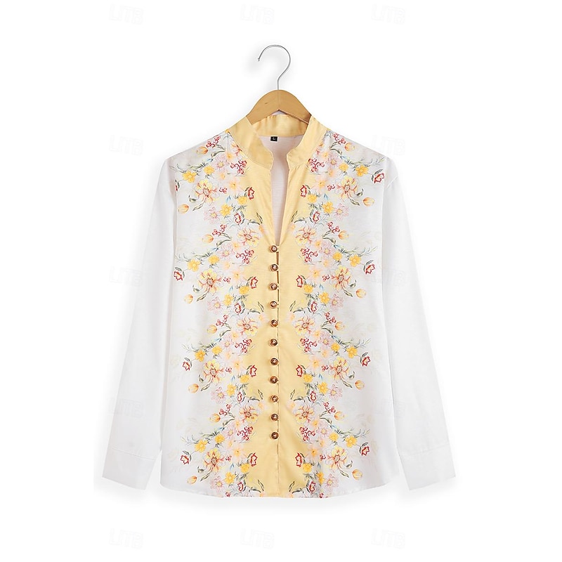 Men's Floral Shirt Button Up Shirt Long Sleeve Casual Daily Wear Going out Weekend Spring & Summer Standing Collar Print Button-Down Yellow Pink Blue Purple2