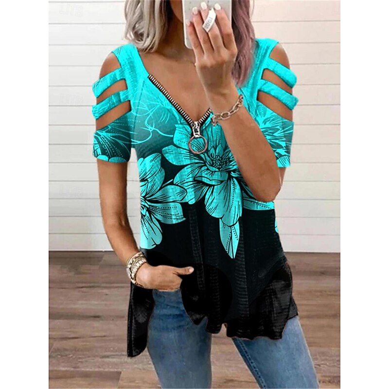 Women's Tunic Top Cold Shoulder Short Sleeve Galaxy Zip Front Asymmetrical Hem Casual Spring Fall Black White Loose Fit Clothing Apparel3