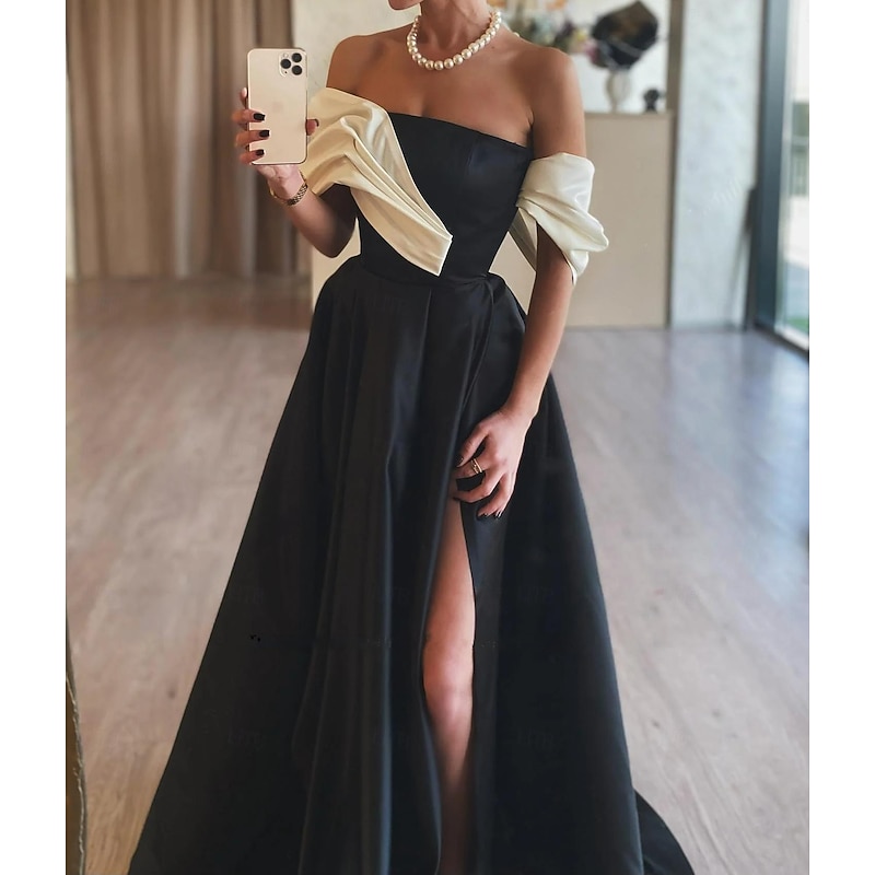 A-Line Evening Gown Elegant Dress Formal Prom Floor Length Sleeveless Off Shoulder Satin with Ruched Slit2