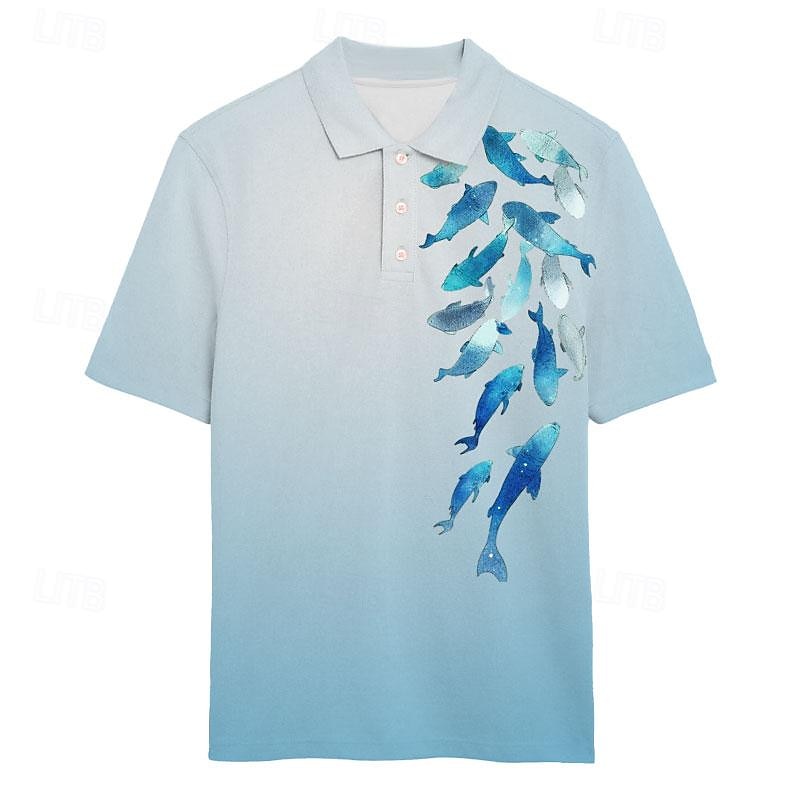 Kentucky Derby Men's Fish Hawaiian Polo Shirts Golf Shirt Short Sleeve Polo Shirts Collared Shirts Casual Beach Wear Vacation Wear Tropical Wear Party Outfits Buttons 3D Print Summer White Blue Light3