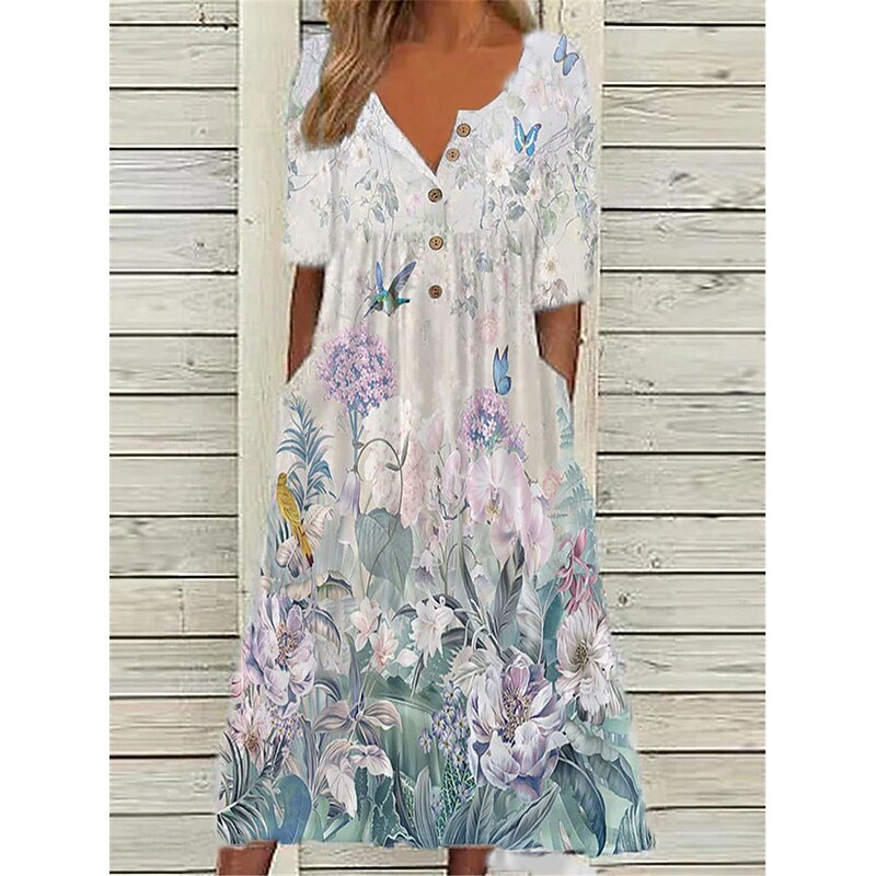 Women's Midi Dress V-Neck Floral Print Short Sleeve A-Line Comfort Blue Beach Party Spring Summer Fashion Clothing Apparel2