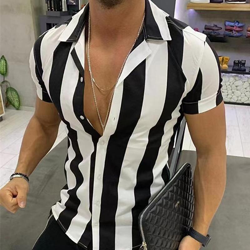 Men's Shirt Summer Shirt Casual Shirt Beach Shirt Button Up Shirt Striped Shirts Black White Yellow Blue Orange Short Sleeve Stripes Lapel Vacation Hawaiian Clothing Apparel Polyester Fashion Casual3