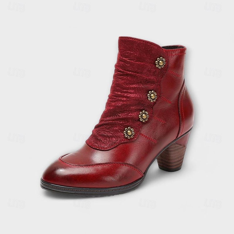 Women's Vintage Red Leather Ankle Boots – Premium Cowhide with Floral Button Accents and Chunky Heel for Retro Style and Everyday Wear2