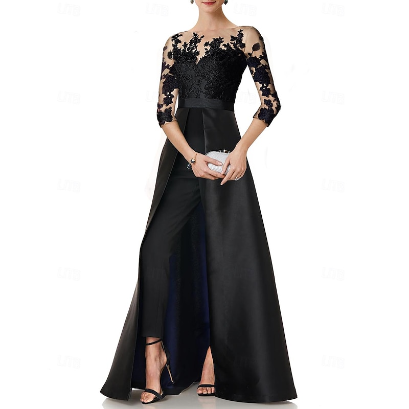 Jumpsuits Mother of the Bride  Wedding Guest Elegant Party Jewel Neck Floor Length Satin 3/4 Length Sleeve with Appliques Solid Color3