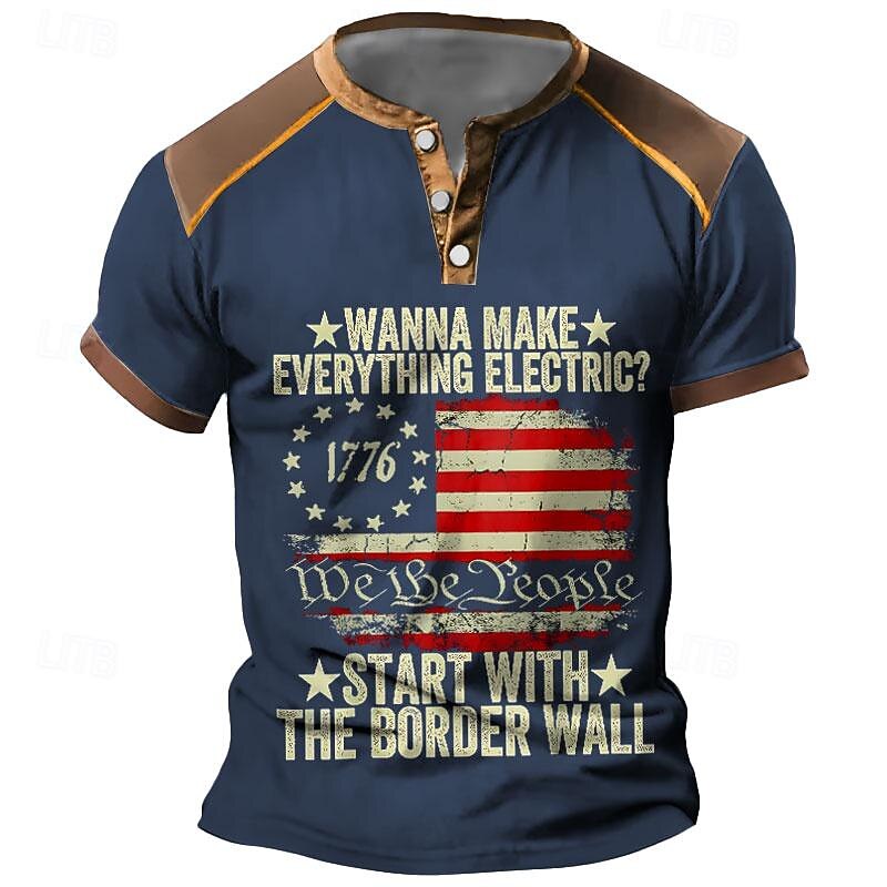 Men's Patriotic Graphic Henley Tee | 1776 We The People American Flag Print | Border Wall Statement | Make Everything Electric Design3