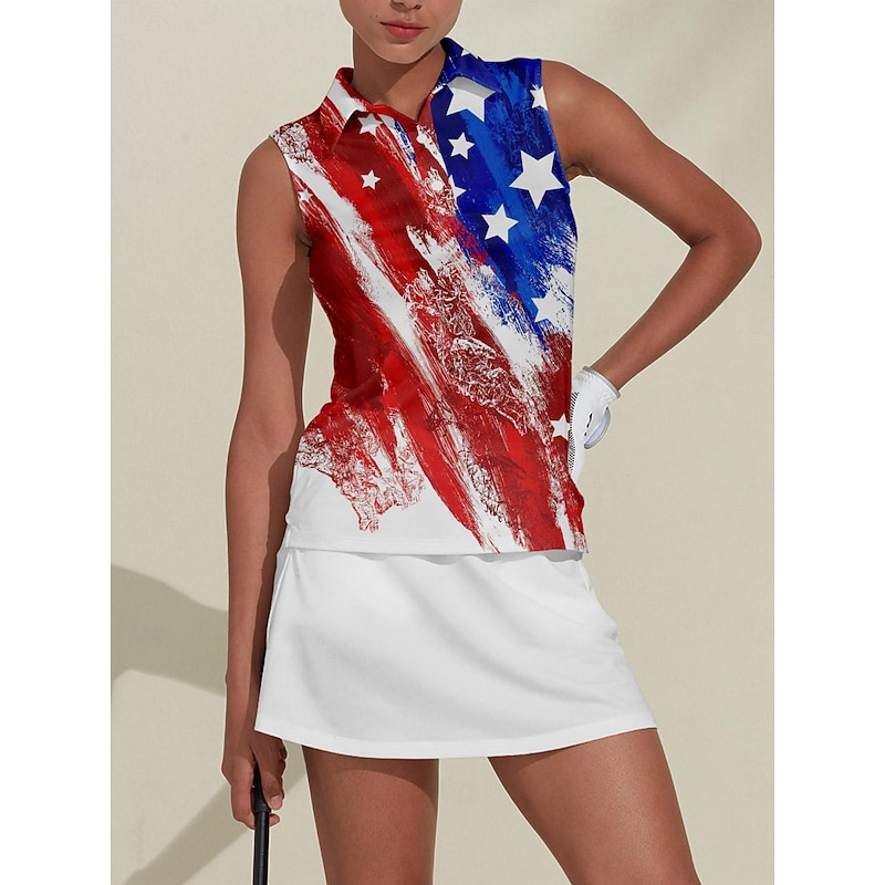 Women's Golf Polo Shirt Red Sleeveless Sun Protection Top Ladies Golf Attire Clothes Outfits Wear Apparel American Flag Golf Shirt4