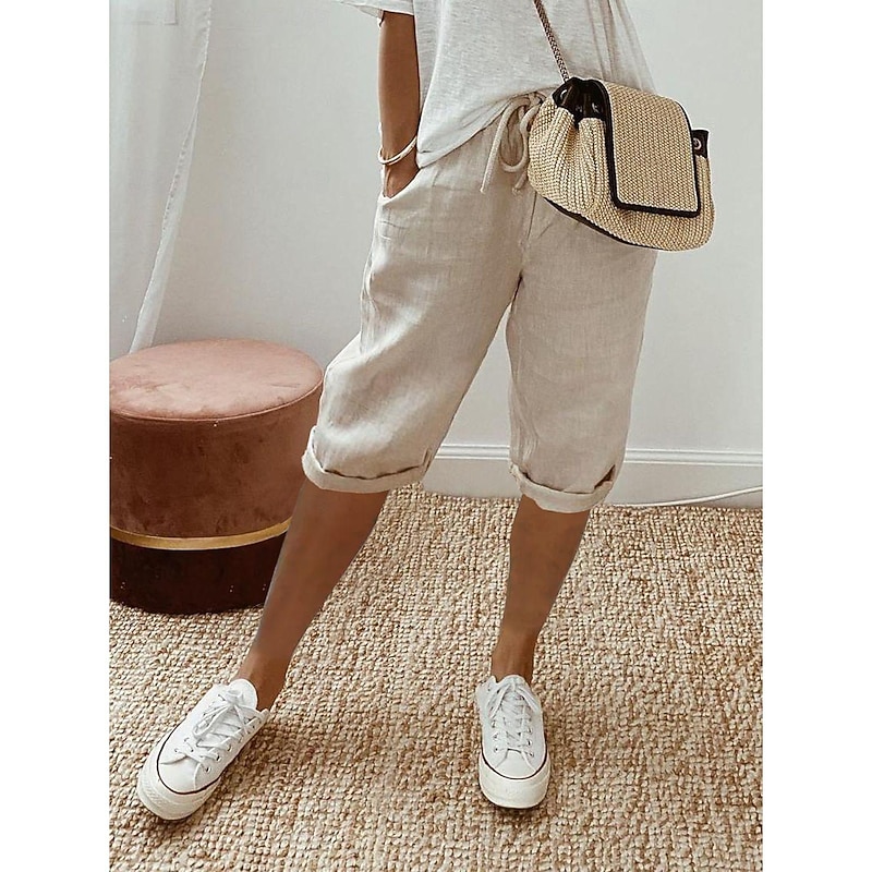 Women's Normal Cotton Linen Pants Chinos Casual Daily Knee Length Natural Solid Colored Pocket Drawstring Elastic Waist Breathability Comfortable Inelastic Vacation Casual Daily Navy-blue milk white3