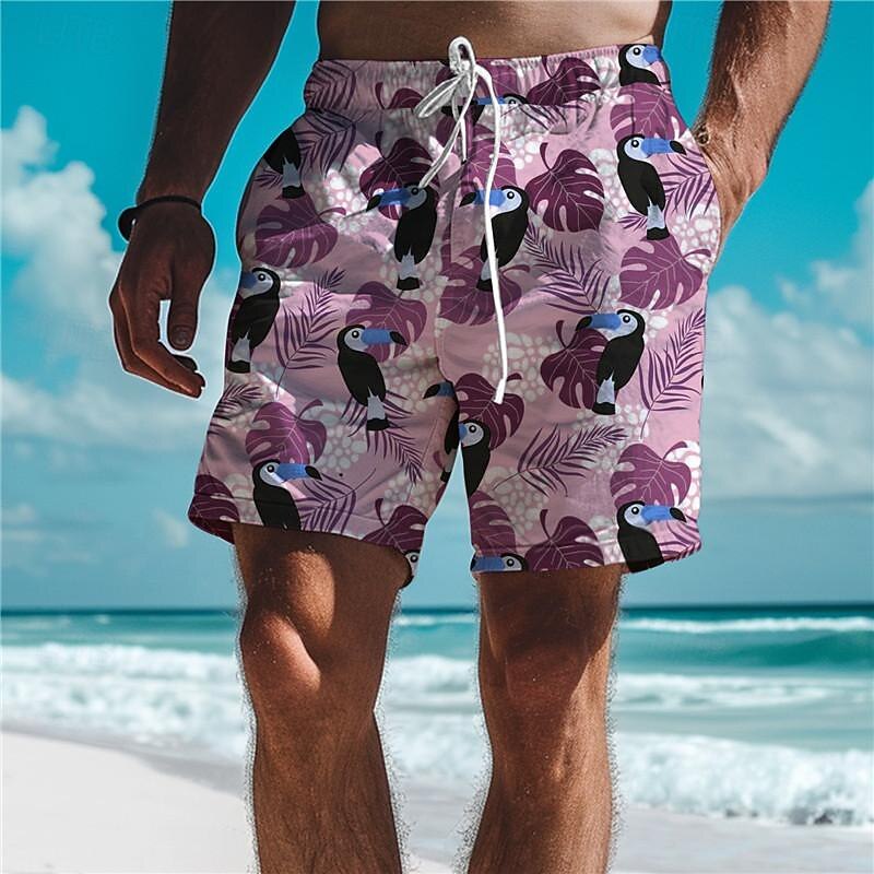 Men's Parrot Tropical Plants Swim Trunks Swim Shorts Board Shorts Mid Waist Vacation Hawaiian Holiday Vacation Holiday Beach Drawstring with Mesh lining Elastic Waist Designer Clothing Apparel4