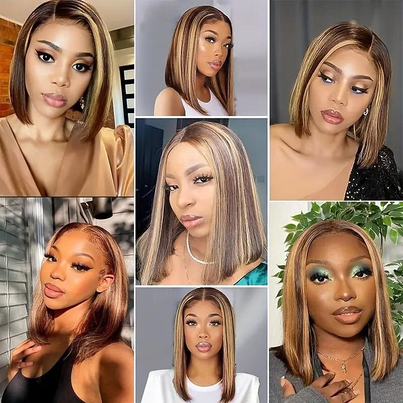Highlights 13x4x1 T Part Lace Front P4/27 Short BOBO Straight Hair lace wig 150% density4