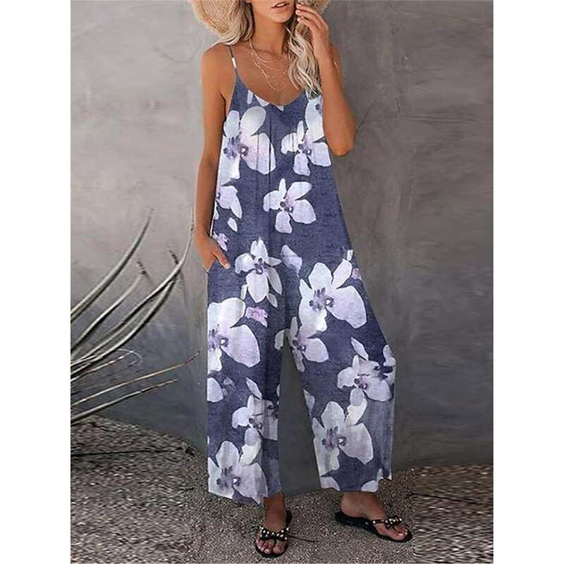 Women's Normal Dungarees Jumpsuit Streetwear Floral Sleeveless U Neck Print Street Daily Regular Fit Blue Khaki Summer