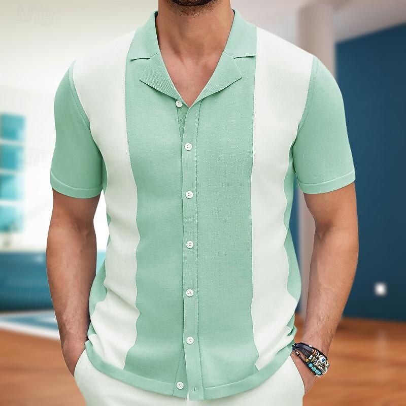 Men's Business Polo Golf Shirt Business Casual Lapel Short Sleeve Modern Office Color Block Button Front Summer Black Light Green Wine Business Polo