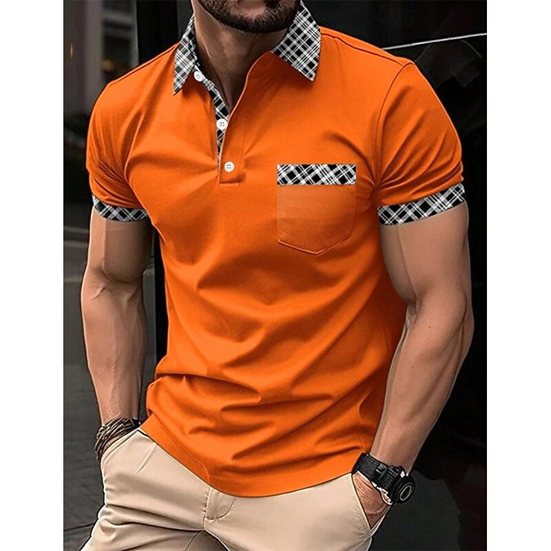 Men's Polo Shirts Golf Shirt Casual Holiday Lapel Short Sleeve Fashion Basic Plaid Color Block Patchwork Pocket Summer Regular Fit Light Blue White Orange Khaki Polo Shirts4