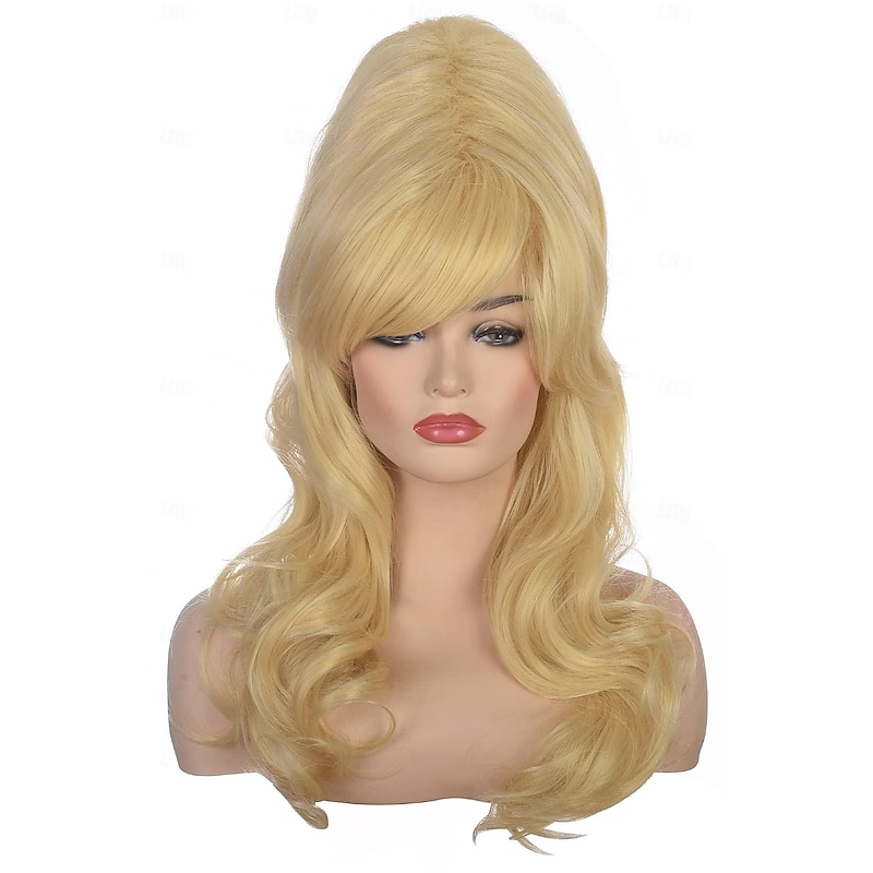 Women Blonde Beehive Wig Long Curly Wavy Bouffant Heat Resistant Synthetic Hair wigs for Womens Vintage Costume Cosplay Carnival Party Halloween Wigs