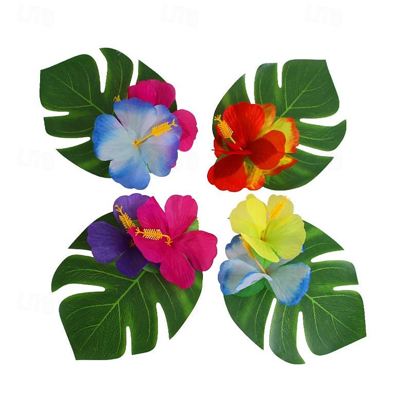114PCS/184PCS Hawaiian Festival Party Turtle Back Leaf Hibiscus Flower Paper Straw Umbrella 24 Cake Sticks Combination Package2