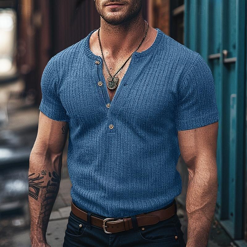 Men's Henley Shirt Muscle Shirt Ribbed Knit tee Tee Top Short Sleeves Plain Pit Strip Fashion Designer Basic Henley Vacation Street Going out Summer White Blue Dark Gray Henley T-Shirt4