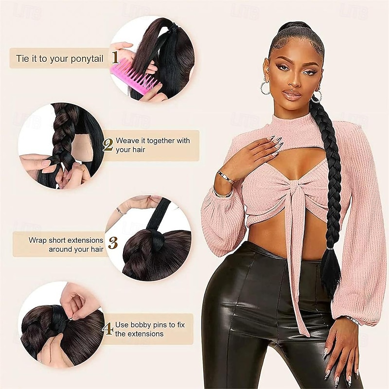 Long Braided Ponytail Extension with Hair Tie Black Straight Wrap Around Hair Extensions Ponytail Natural Soft Synthetic Hair Piece for Women Daily Wear 32 Inch4