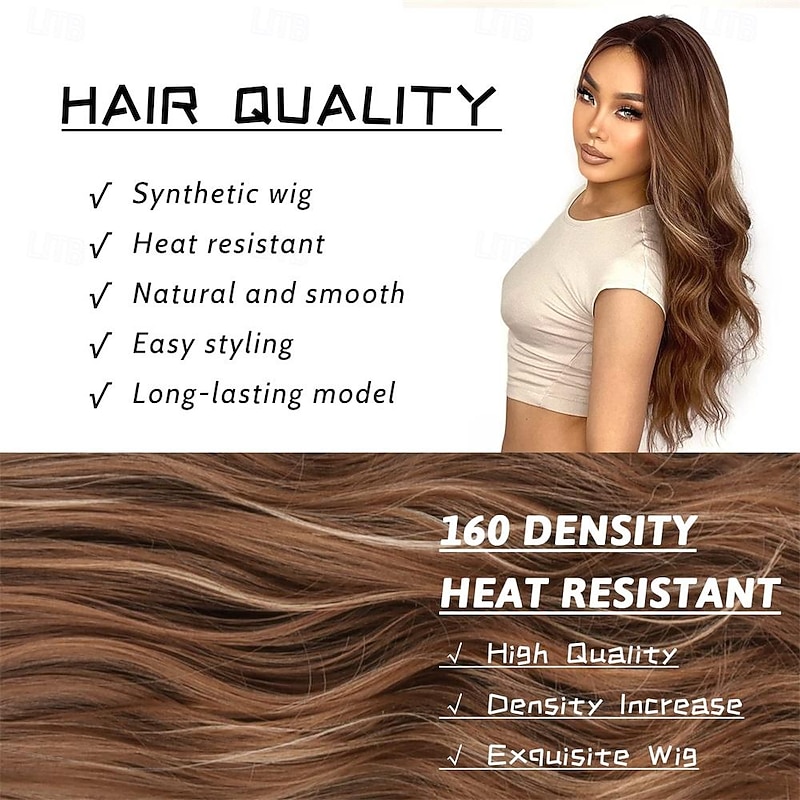 Long Ombre Brown Wavy Wig for Women 26 Inch Middle Part Brown Highlight Wigs Natural Looking Synthetic Heat Resistant Fiber Light Brown Curly Wig for Daily Party Use3