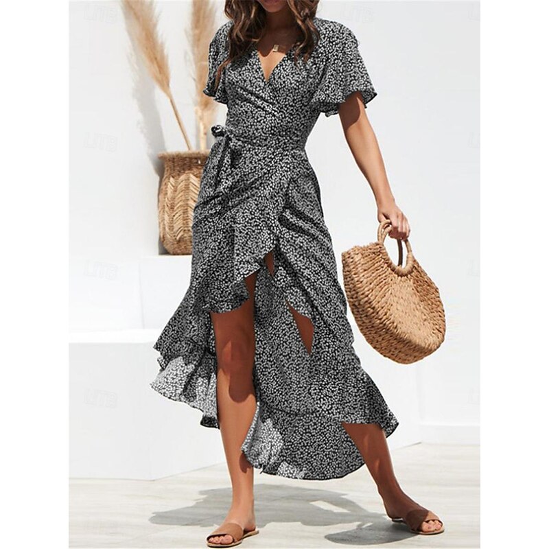 Women's Casual Dress Wrap Dress Polka Dot Lace up Ruffle V Neck Long Dress Maxi Dress Vacation Short Sleeve Summer3