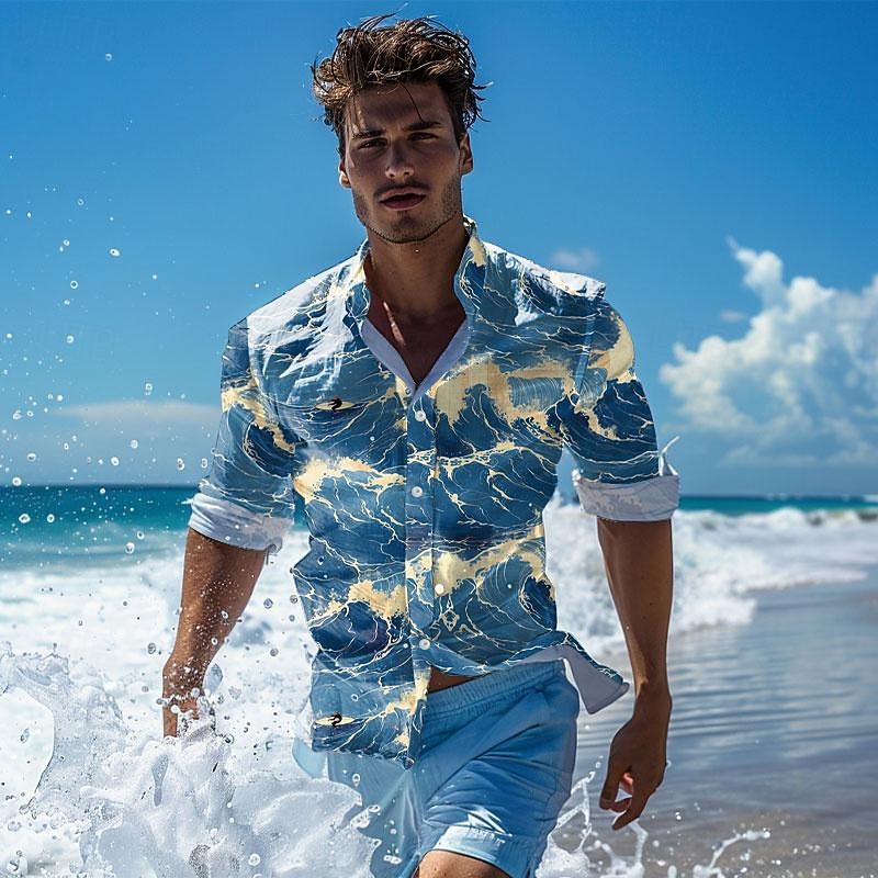 Men's Spray Seascape Pattern Summer Hawaiian Shirt Aloha Shirt Printed Shirts Long Sleeve Shirt Turndown Hawaiian Resort Vacation Party Street Blue Dark Blue S M L