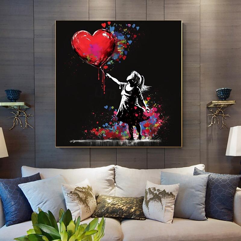 Hand Paint Banksy Art Girl With Ballon Of Heart Graffiti Art Painting Canvas Large Size Creative Art Work For Living Room Decor No Frame3