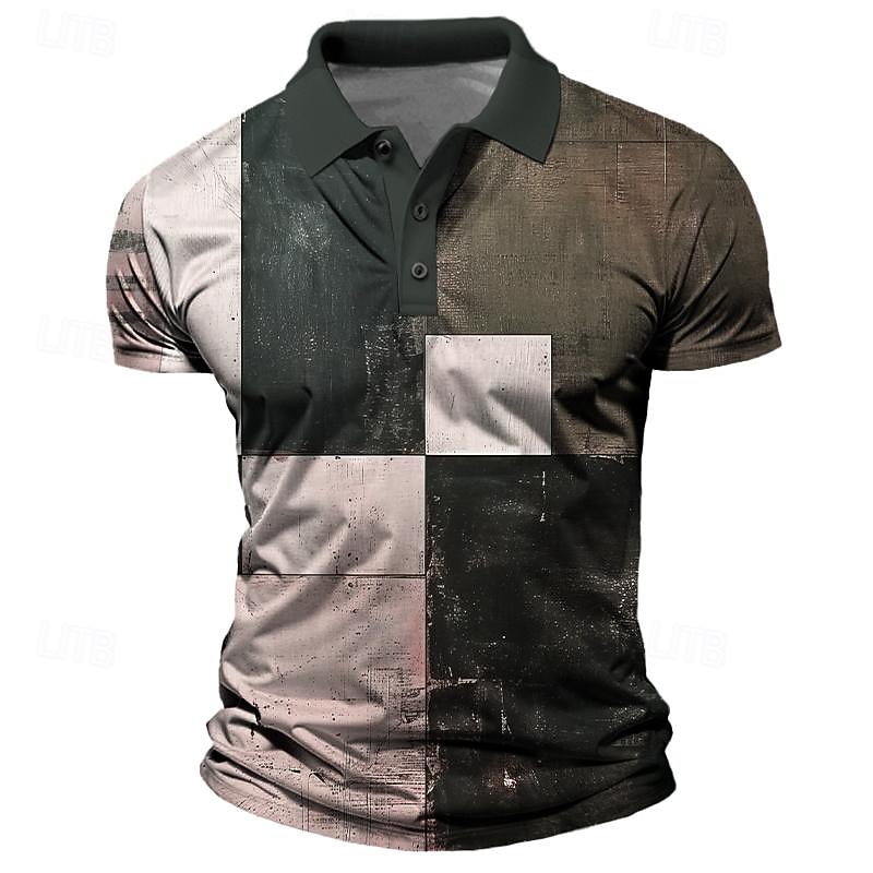 Men's Plaid Polo Shirts Golf Shirt Short Sleeve Polo Shirts Collared Shirts Vintage Casual Vacation Wear Formal Wear Festival Wear Buttons 3D Print Summer Blue Brown Green3